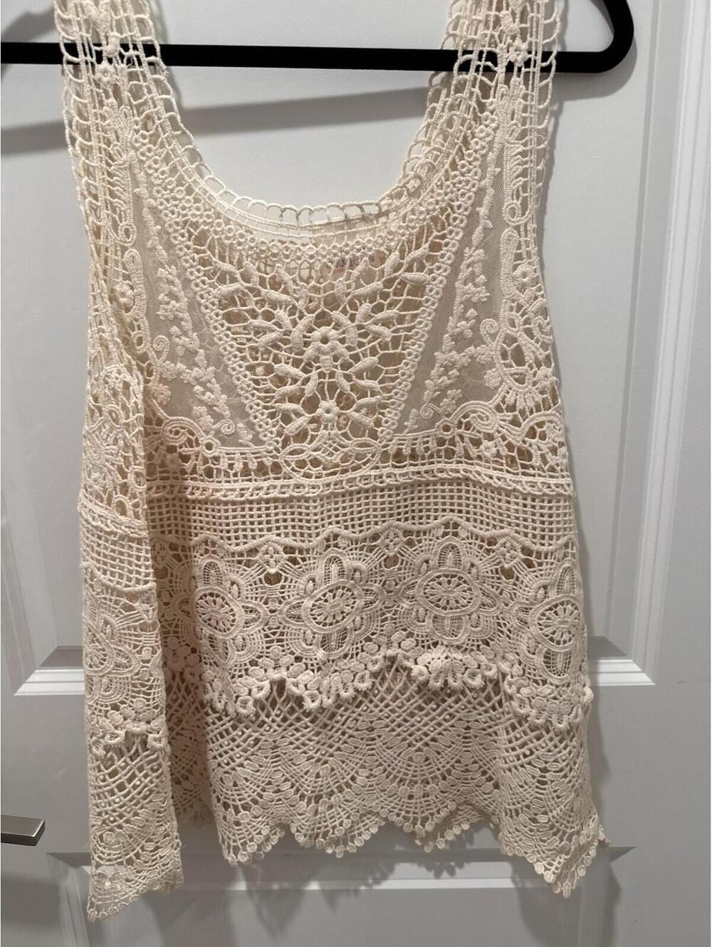 Noelle Crocheted Tank Top Ivory S/M Cotton Cottagecore Boho Festival Coachella